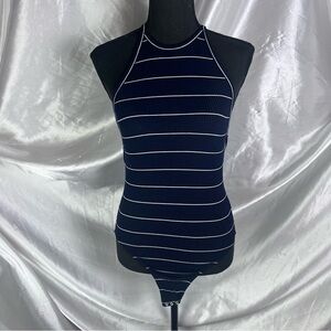 Capulet Ribbed Knit Navy & White Stripe Halter Bodysuit – Sleek & Stylish Small
